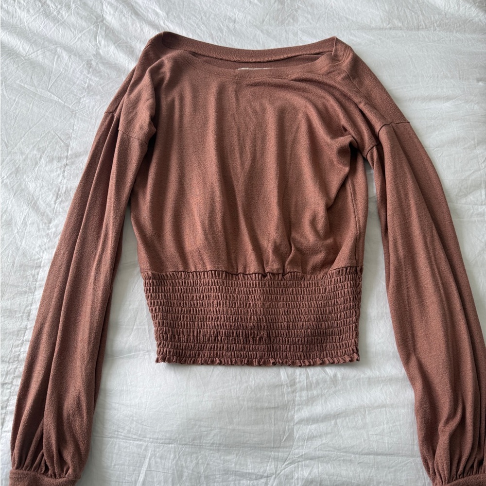 Abercrombie & Fitch Long Sleeve Smocked Hem Top - Rust Brown
